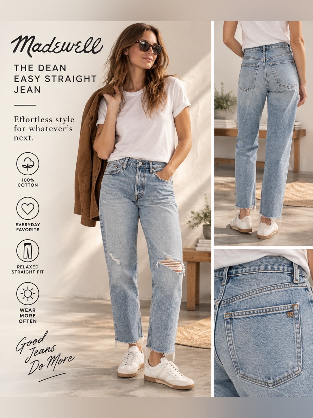 Madewell The Dean Easy Straight Jeans Women’s 32 Light Wash Distressed Raw Hem